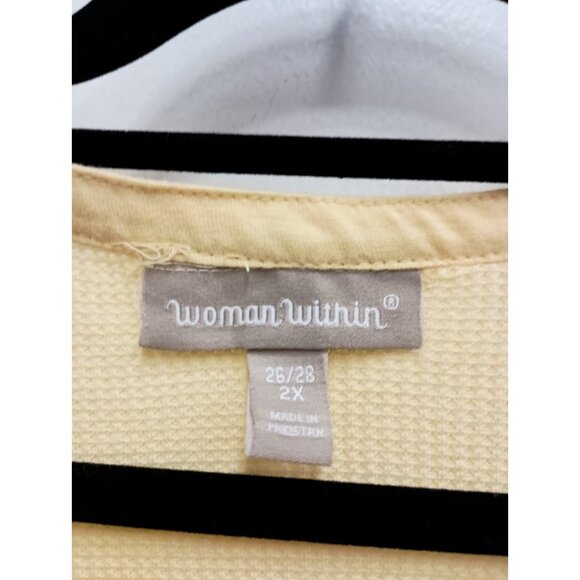 Woman Within Womens BOHO Top Size 2X Yellow Embroidered Floral Henley Thermal - Picture 3 of 8